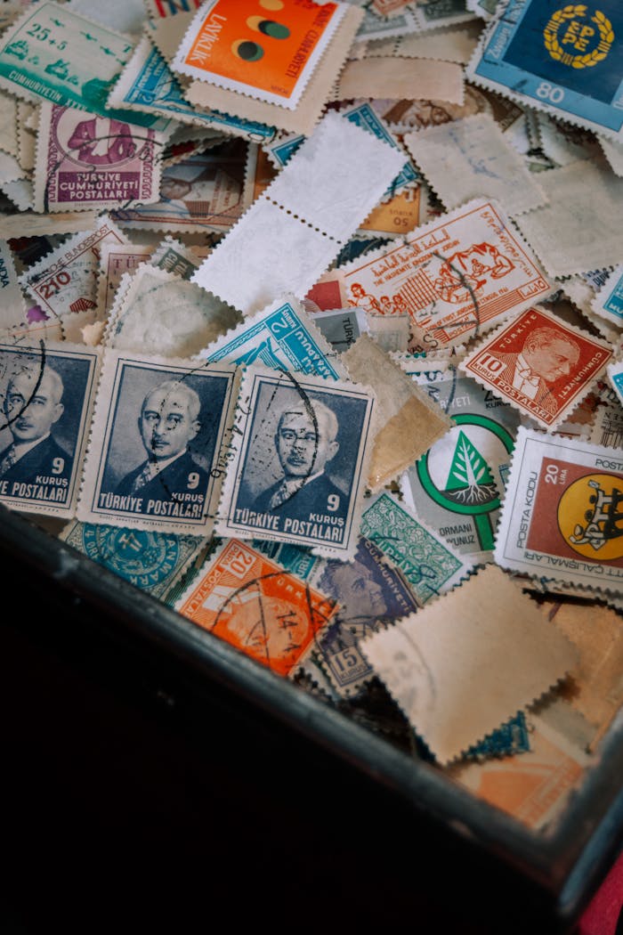 creative A diverse collection of vintage Turkish postage stamps showcasing historical design.