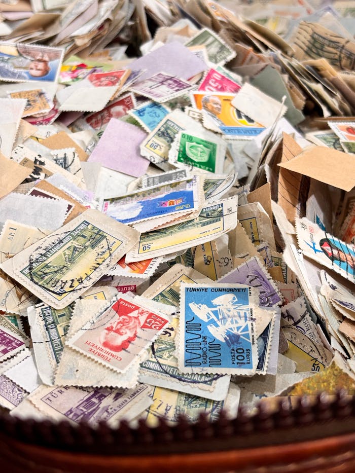 creative-01 A vibrant assortment of vintage postage stamps, perfect for collectors and enthusiasts.